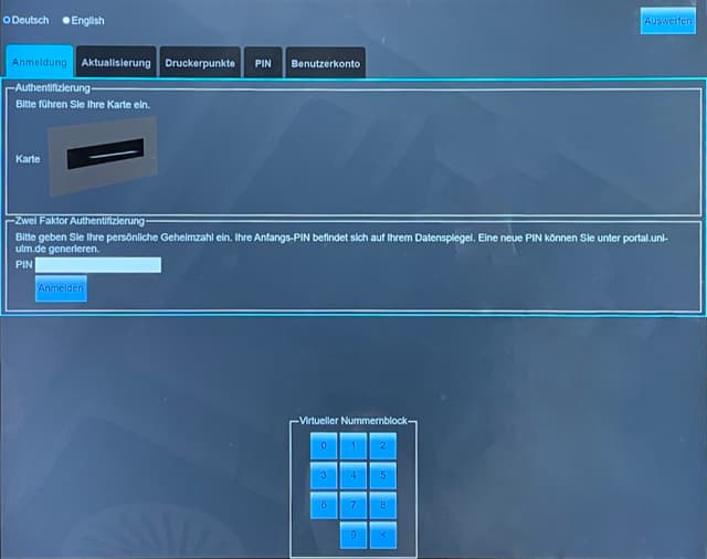 Screen of the chip card machine